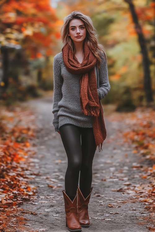 A woman with brown leather cowboy boots, dark leggings, a casual sweater dress, and a lightweight scarf