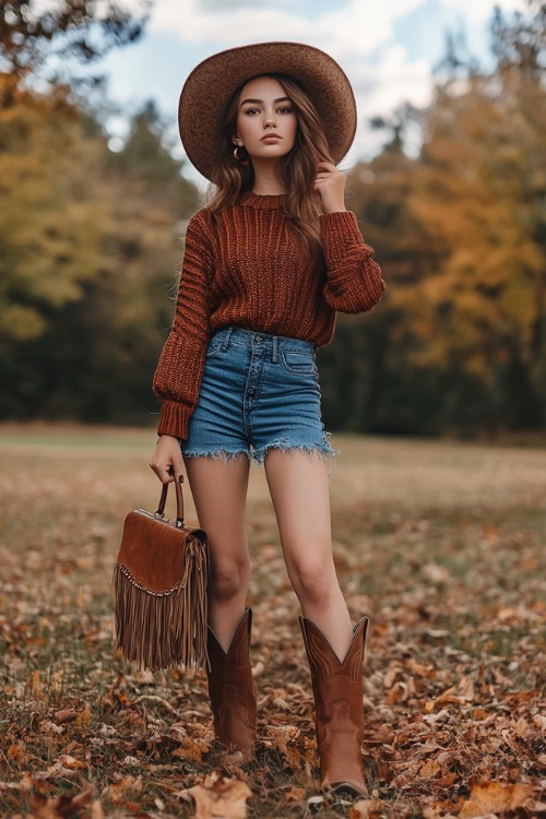 A young woman stands confidently in a festival field surrounded by fallen leaves, wearing brown leather cowboy boots, a distressed denim mini shorts, and a rust-colored oversized knit sweater