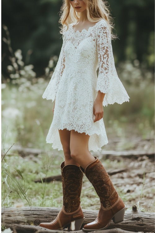 a woman wears a short lace dress and brown cowboy boots