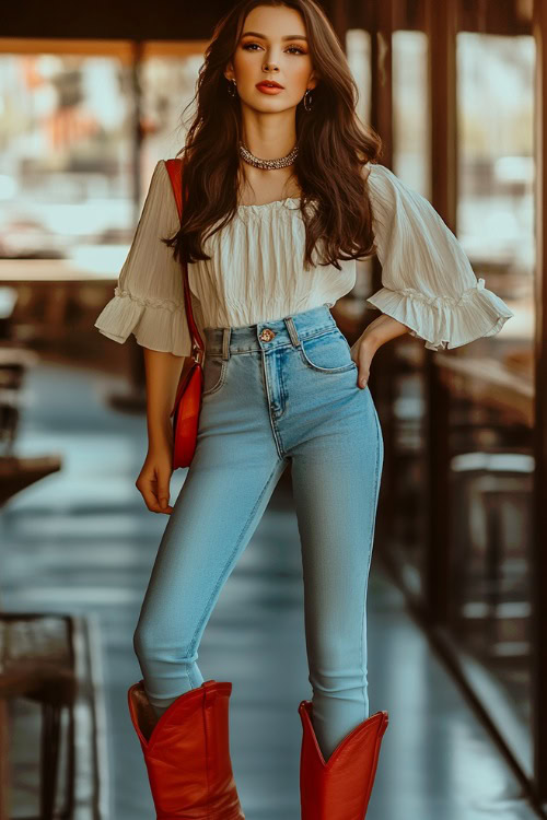 a woman wears red cowboy boots with a white blouse and jeans