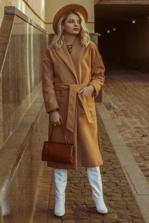 a woman wears white cowboy boots with long brown trench coat and a hat