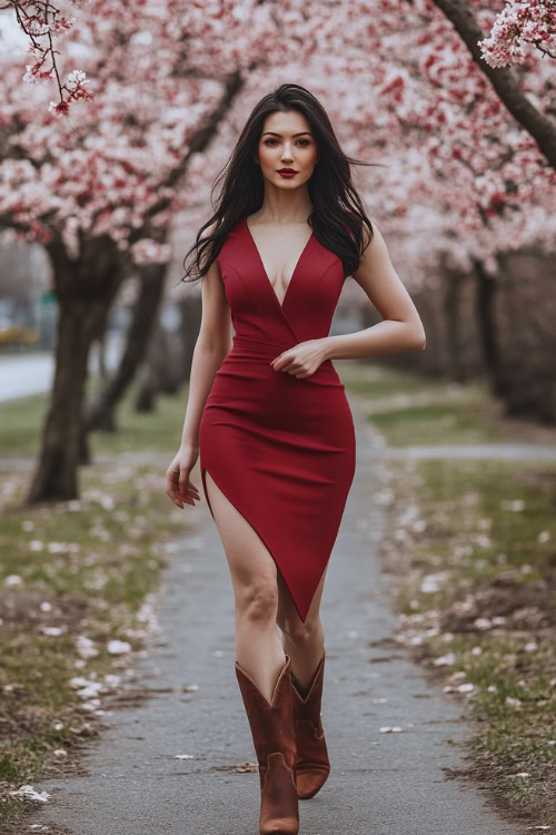 A confident woman in a fitted red wrap dress with a deep V-neck and brown cowboy boots, walking along a garden path with cherry blossoms blooming