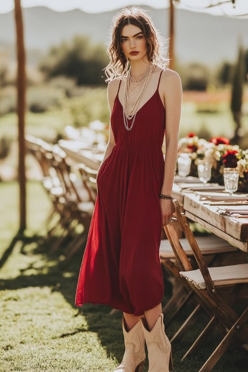 A fashionable guest wearing a deep red A-line midi dress, beige cowboy boots, and layered necklaces