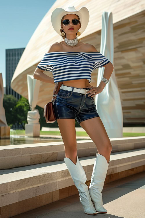 A fashionable lady wearing navy blue leather shorts and white cowboy boots, combined with a striped off-the-shoulder top and a stylish handbag