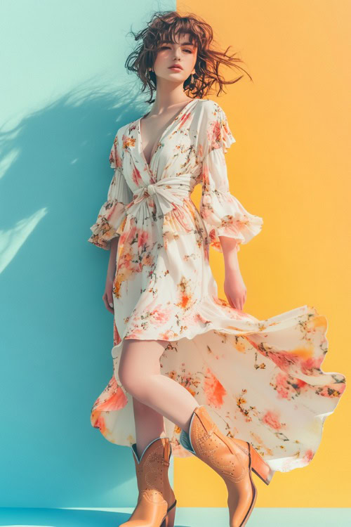 A fashionable woman in a floral wrap dress with ruffled sleeves and tan cowboy boots, standing against a pastel-colored spring background