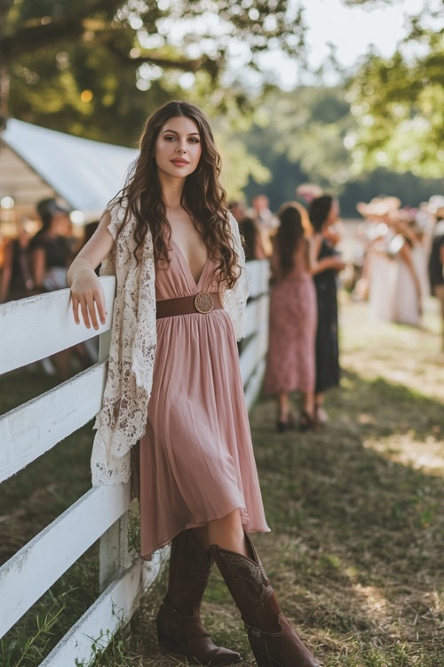 A guest in a dusty rose belted midi dress, dark brown cowboy boots, and a delicate lace shawl