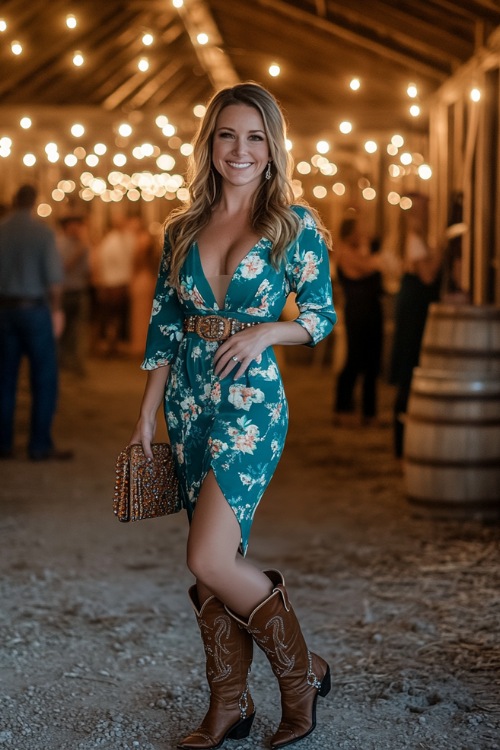 A guest in a turquoise floral wrap dress, brown cowboy boots, and a beaded clutch, standing near a barn-style reception area with string lights