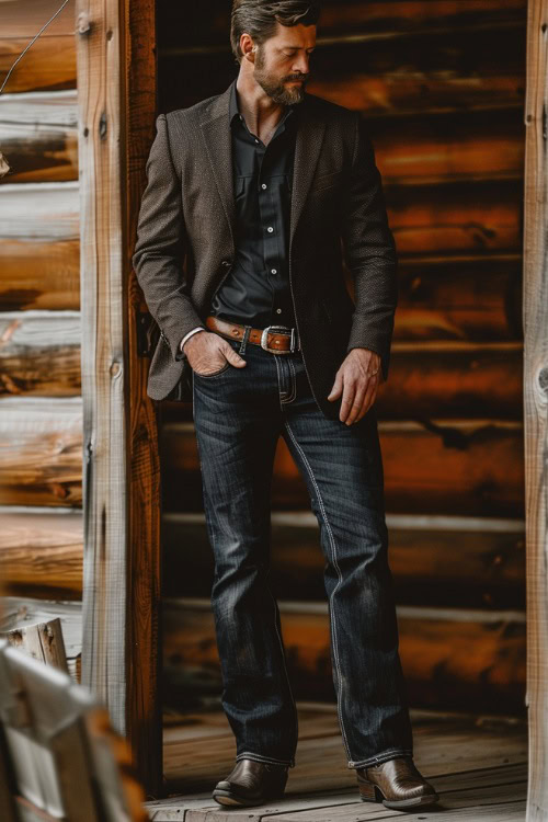 A man wears Jeans, black cowboy boots with black shirts and blazer