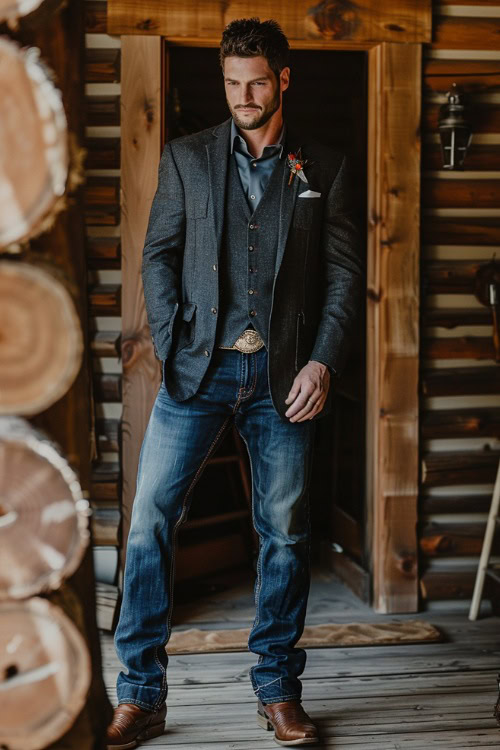 A man wears Jeans, cowboy boots with a tuxedo, blue shirts and a black blazer