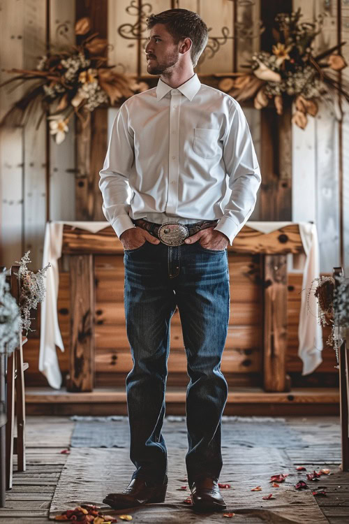 A man wears Jeans, cowboy boots with a white shirt (2)