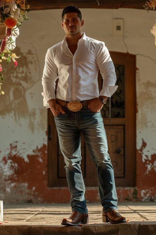 A man wears Jeans, cowboy boots with a white shirt