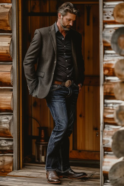 A man wears Jeans, cowboy boots with black shirts and a blazer