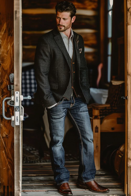 A man wears Jeans, cowboy boots with tuxedo, shirts and a blazer