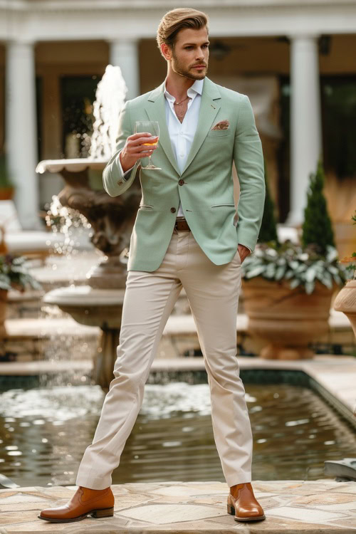 A man wears cowboy boots with a green suit