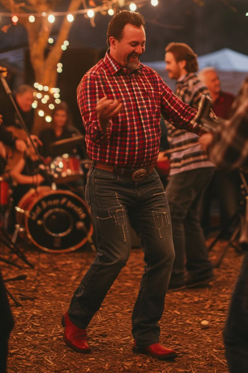 A man wears cowboy boots with jeans and a plaid red shirt
