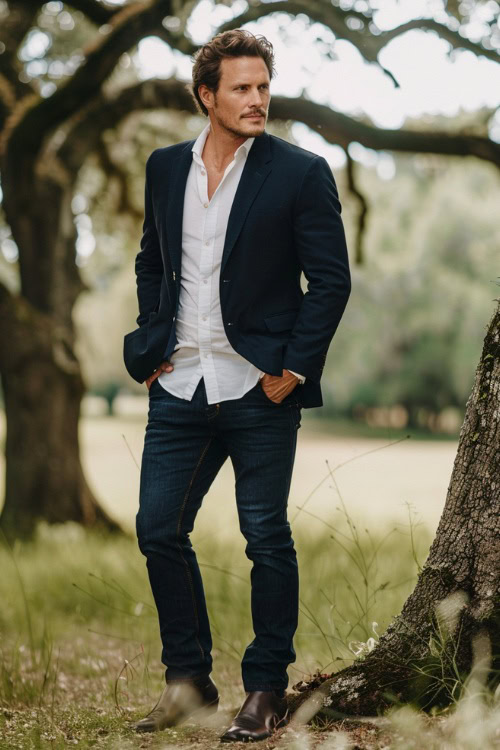 A man wears cowboy boots with jeans and a suit