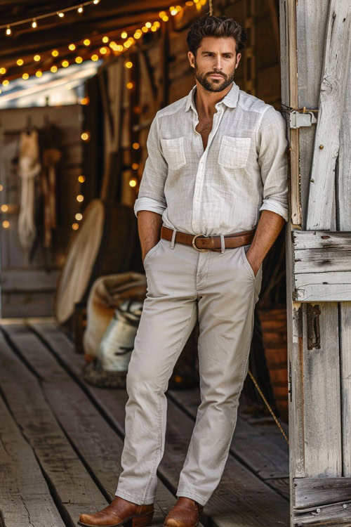 A man wears cowboy boots with trouser and a white shirt