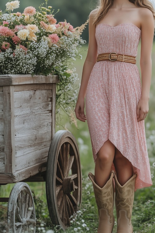 A stylish guest in a rosy pink strapless sundress, beige cowboy boots, and a woven belt