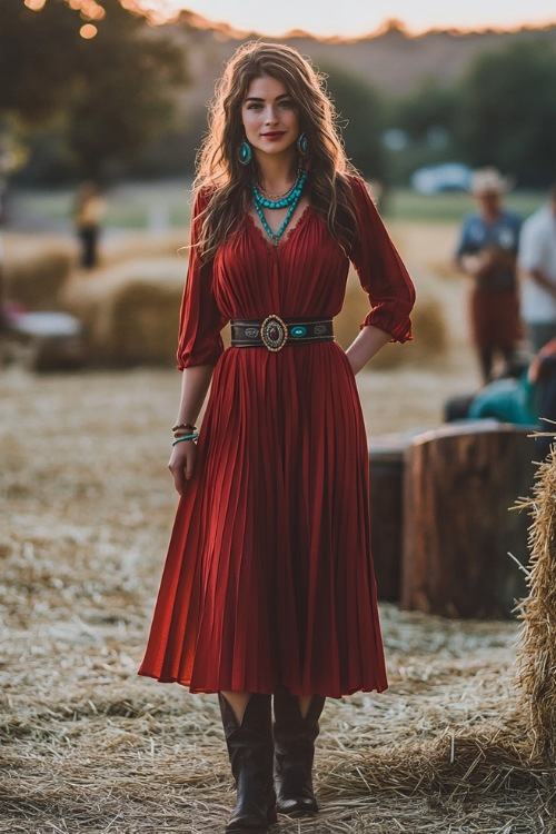 A stylish guest in a ruby red pleated midi dress, dark brown cowboy boots, and a leather belt with turquoise accents