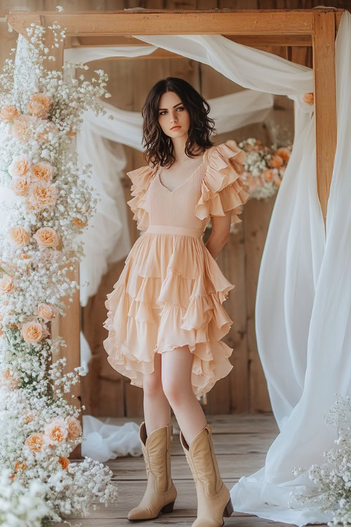 A stylish wedding guest in a soft peach ruffled midi dress with puff sleeves and beige cowboy boots, posing near a wooden wedding altar wrapped in white drapes and spring flowers