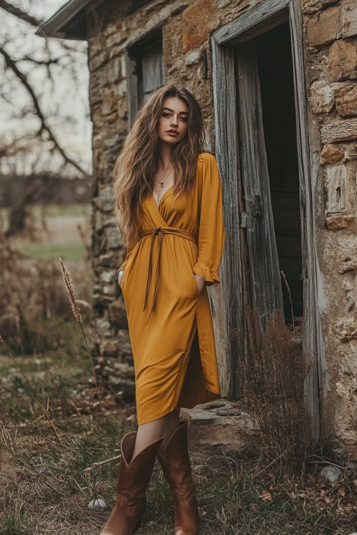 A stylish woman in a mustard yellow wrap dress and brown cowboy boots, posing near a stone farmhouse with rustic spring vibes