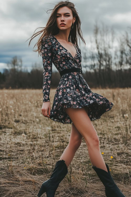 A western-inspired woman in a floral skater dress with a flowy skirt and black cowboy boots, posing confidently against a simple rustic spring field