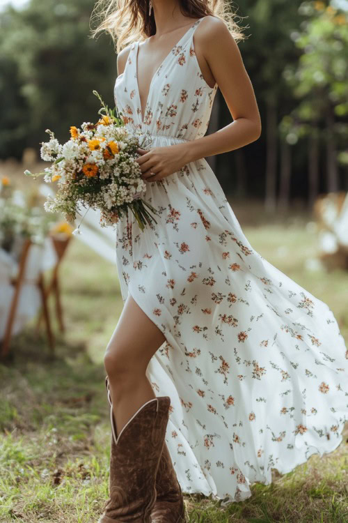 A woman in a flowing white floral dress with a cinched waist and taupe cowboy boots, holding a small bouquet of wildflowers