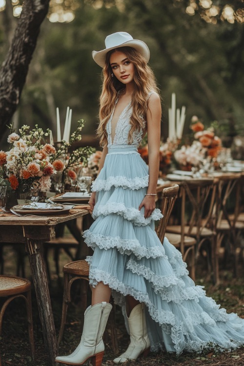 A woman in a pastel blue tiered maxi dress with delicate lace accents and white cowboy boots, standing beside an outdoor wedding table set with rustic floral centerpieces