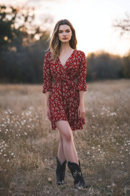 A woman in a red floral wrap dress and black cowboy boots, standing in a scenic countryside landscape with soft spring hues