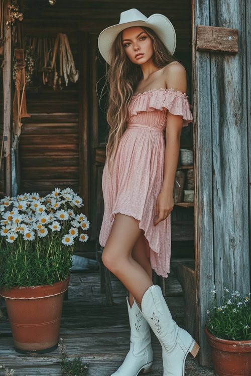 A woman in a romantic off-the-shoulder blush dress with white cowboy boots, posing beside a rustic wooden farmhouse with potted spring flowers