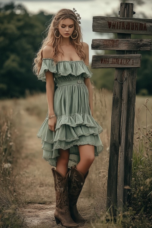 A woman in a sage green tiered sundress, knee-high cowboy boots, and gold hoop earrings