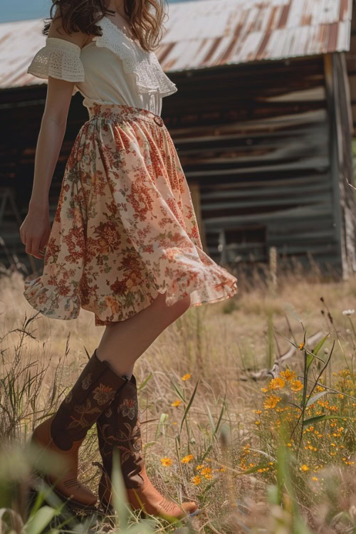A woman wears a floral skirt with a blouse and brown cowboy boots