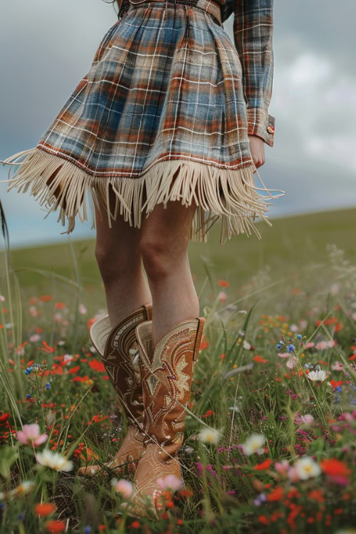 A woman wears a plaid skirt with brown cowboy boots in a flower field