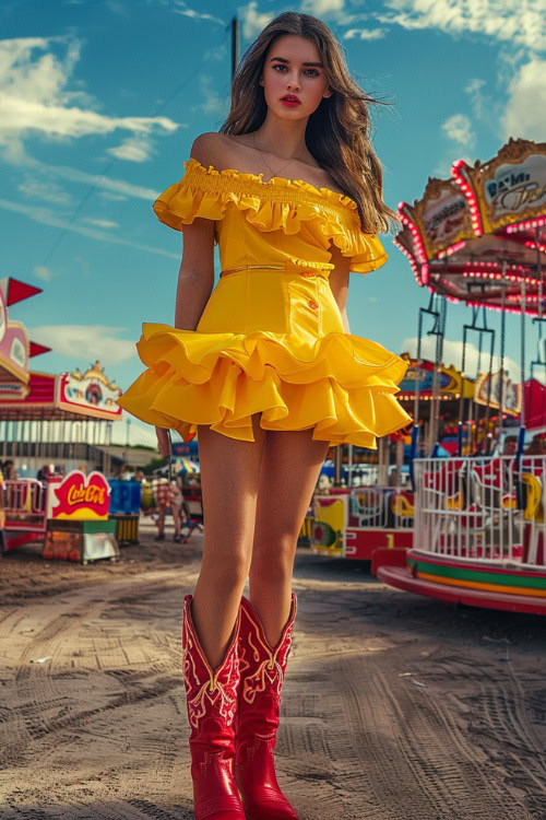 A woman wears a ruffle yellow dress with red cowboy boots