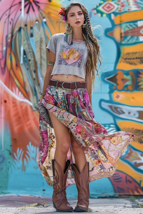 A woman wears a skirt with a crop top and cowboy boots