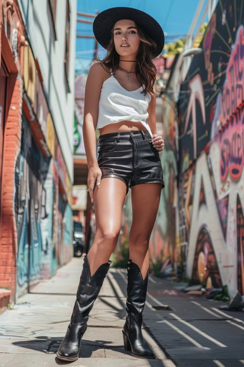 A woman wears black cowboy boots with black leather shorts and a white tank
