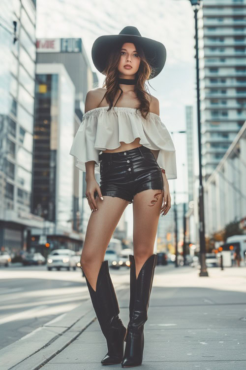 A woman wears black cowboy boots with black leather shorts and mini white top