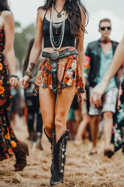 A woman wears black cowboy boots with boho skirt and a tank top