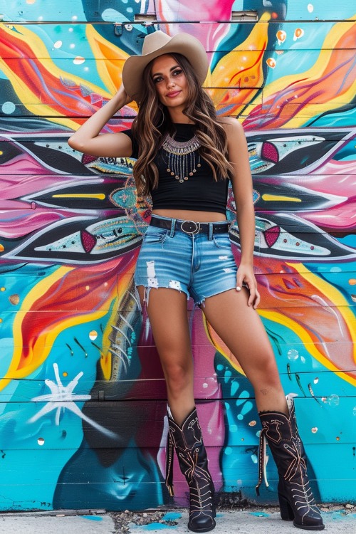 A woman wears black cowboy boots with jeans and black crop top