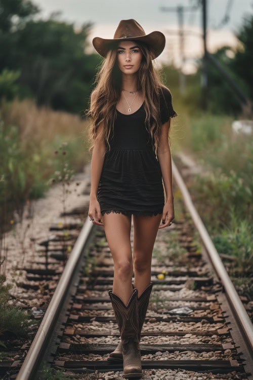 A woman wears black shirt dress with cowboy boots on the trail