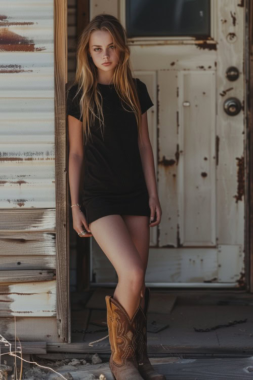 A woman wears black shirt dress with cowboy boots