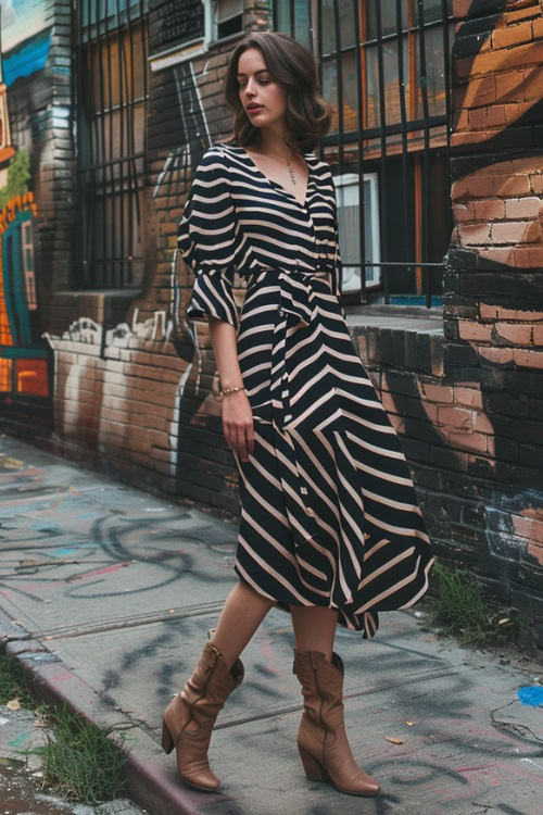 A woman wears black stripped wrap dress with brown cowboy boots