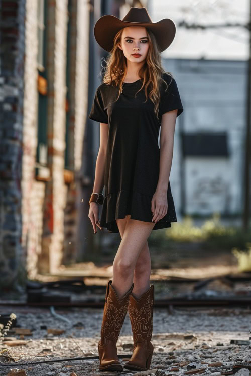 A woman wears black t shirt dress, cowboy hat and with cowboy boots