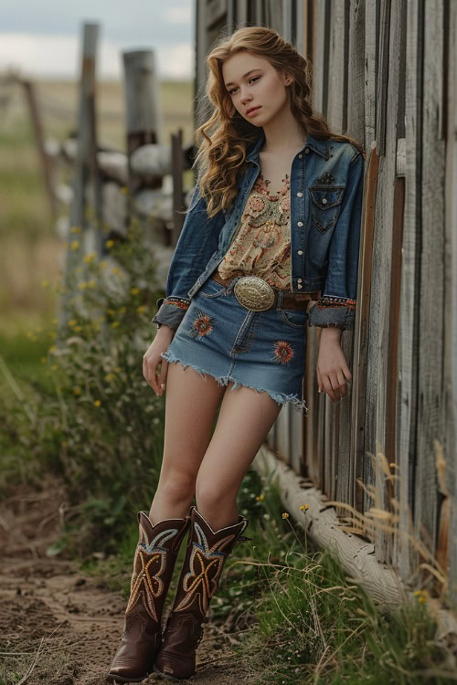 A woman wears brown cowboy boots, denim skirt, floral blouse and a denim jacket