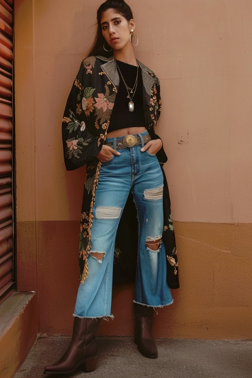 A woman wears brown cowboy boots, ripped crop flare jeans, black crop top and a kimono