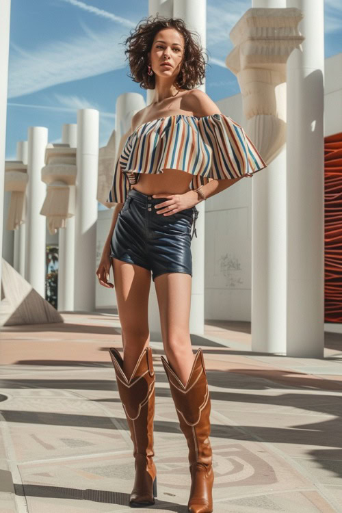 A woman wears brown cowboy boots with faux leather shorts and a striped top