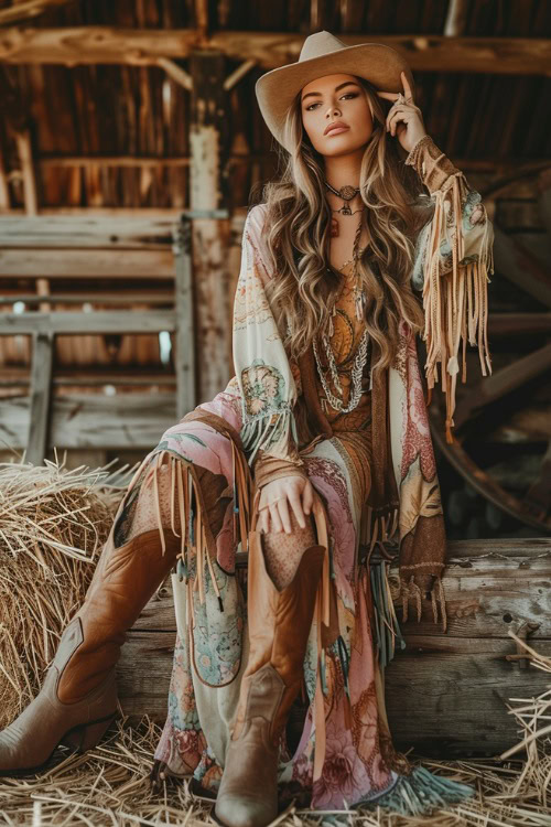 A woman wears brown cowboy boots with fringe kimono
