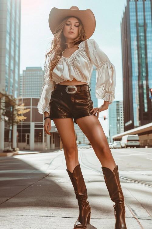 A woman wears brown cowboy boots with leather shorts, breezy top and a cowboy hat