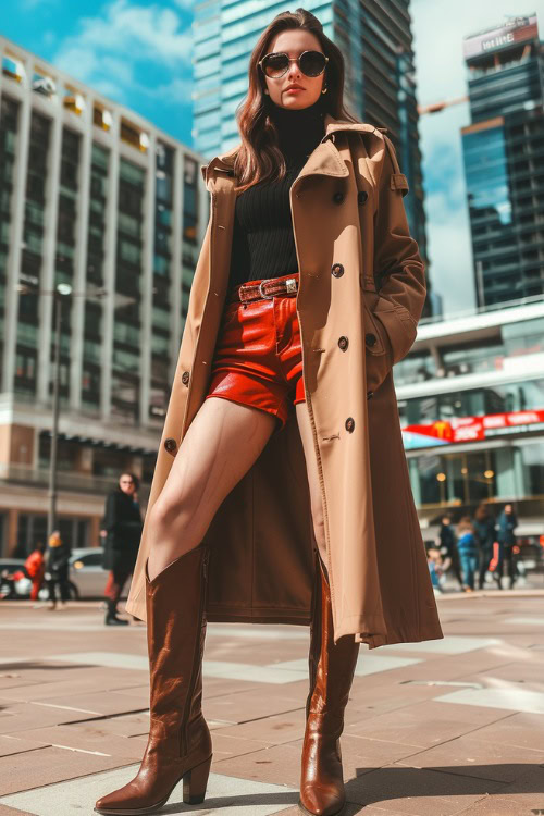 A woman wears brown cowboy boots with red shorts, black top and a beige long coat