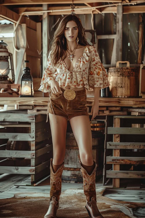 A woman wears brown cowboy boots with suede shorts and a floral blouse